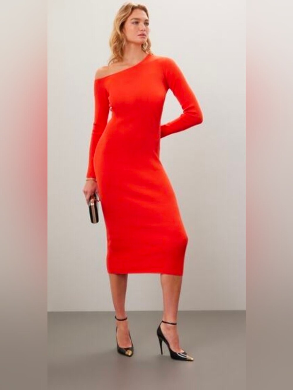 LAPOINTE Orange Rib Knit Asymmetric One-Shoulder Bodycon Midi Dress Size L